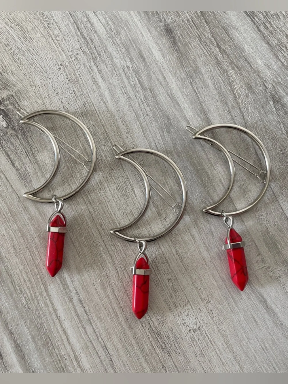 Silver Moon Hair Clip with Red Jasper - Picture 1 of 8